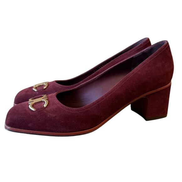 Salvatore Ferragamo Women’s Comiso Suede Leather Pump Chunky Heel Burgundy Sz 8 - Picture 3 of 13